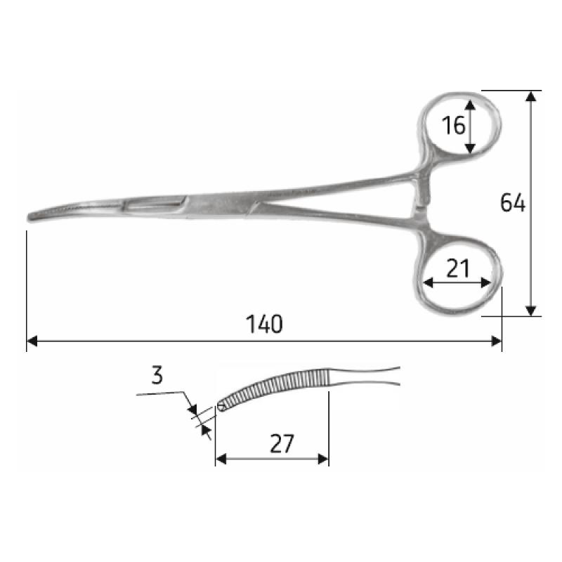 Затискач черевний Mikulicz, 14 cм, дитячий, зігнутий, 1:2 зубий. Surgicon